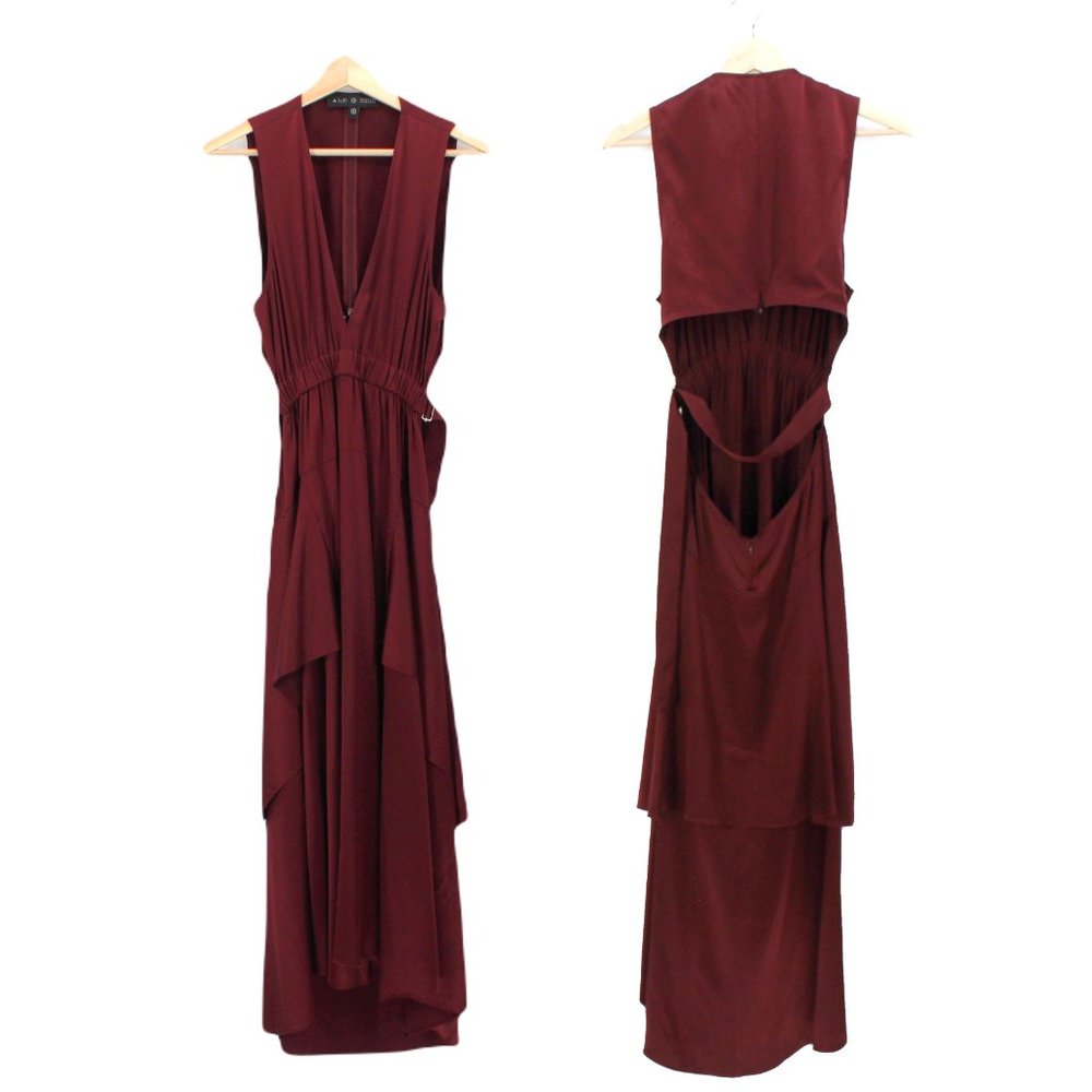 A.L.C. Silk Verena Plunging V-Neck Open Back Burgundy Satin Midi Dress - Picture 10 of 15